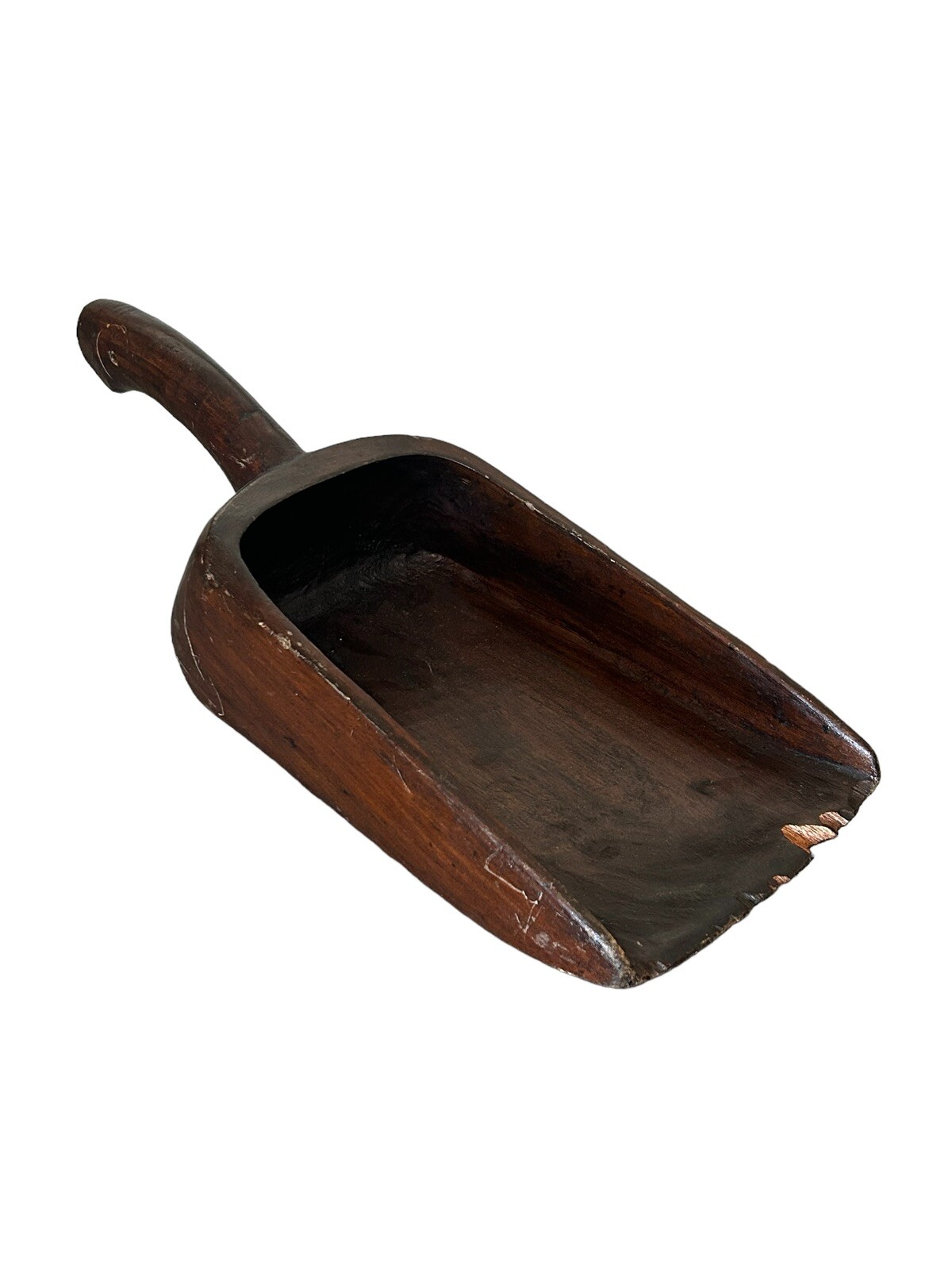 ANTIQUE DARK BROWN PATINA HAND CARVED WOODEN GRAIN SCOOP TOOL FARM England 17″