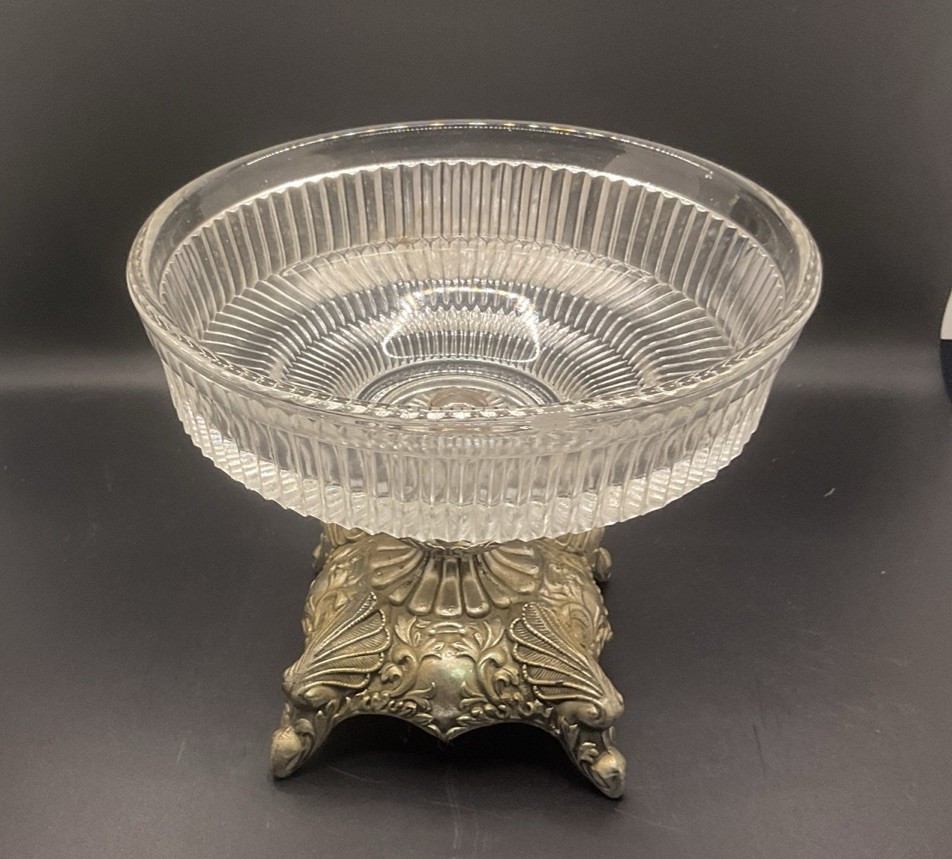 Holiday Imports Ornate Silverplate Ribbed Glass Candy Nut Compote Bowl Dish