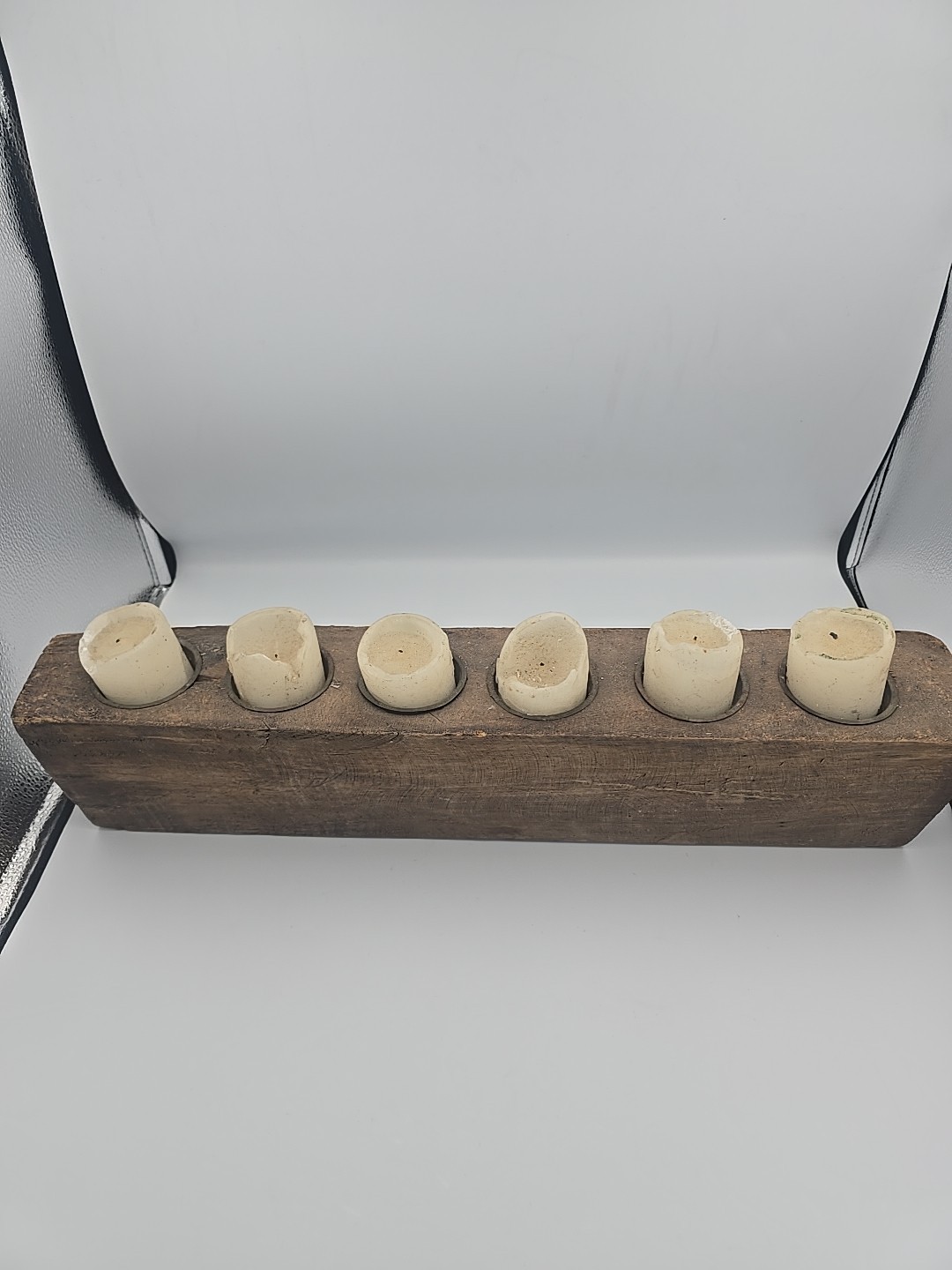 Wooden 21″ x 3.5″ Sugar Mold 6 Hole Wood Candle Holder Primitive Mexico