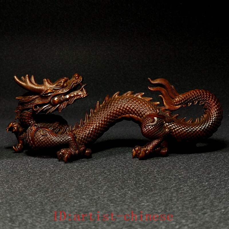 6 Inch Chinese Hand carved Boxwood Dragon Loong Figurine Statue Desk Decoration