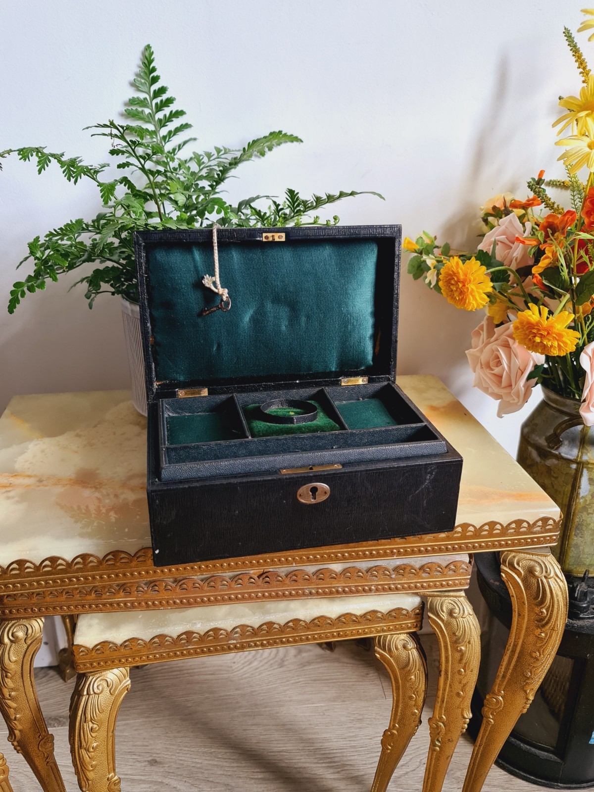 Antique Leather Trim Box Jewellery Trinket Case Victorian Black with Key