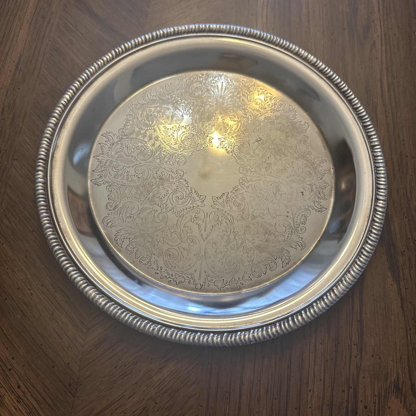 Leonard Silverplate Round Plate Tray with Decorative Etching 15″ Diameter
