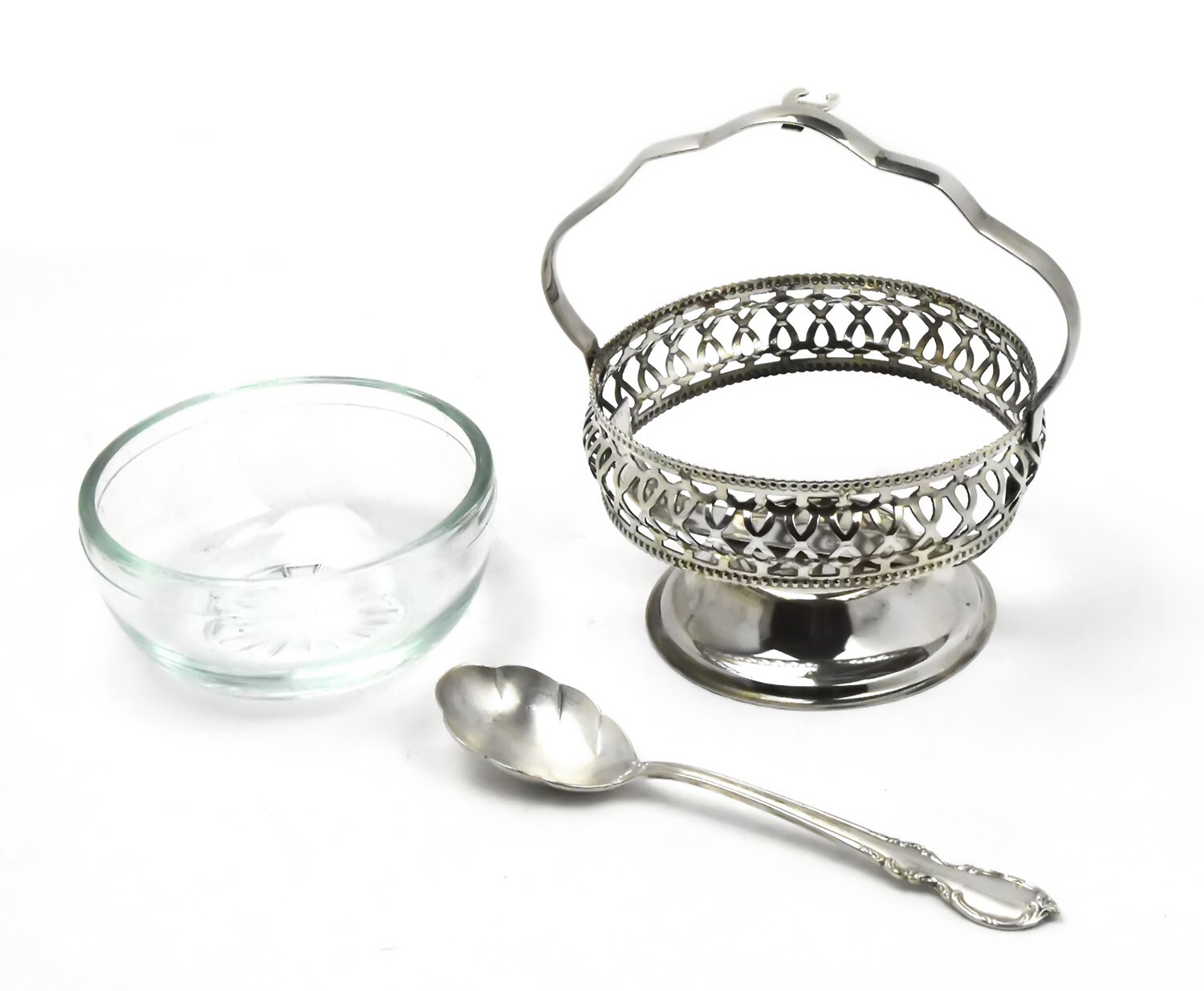 Silver Plate Condiment Server, Weave Basket Glass Bowl Spoon England – SLV221