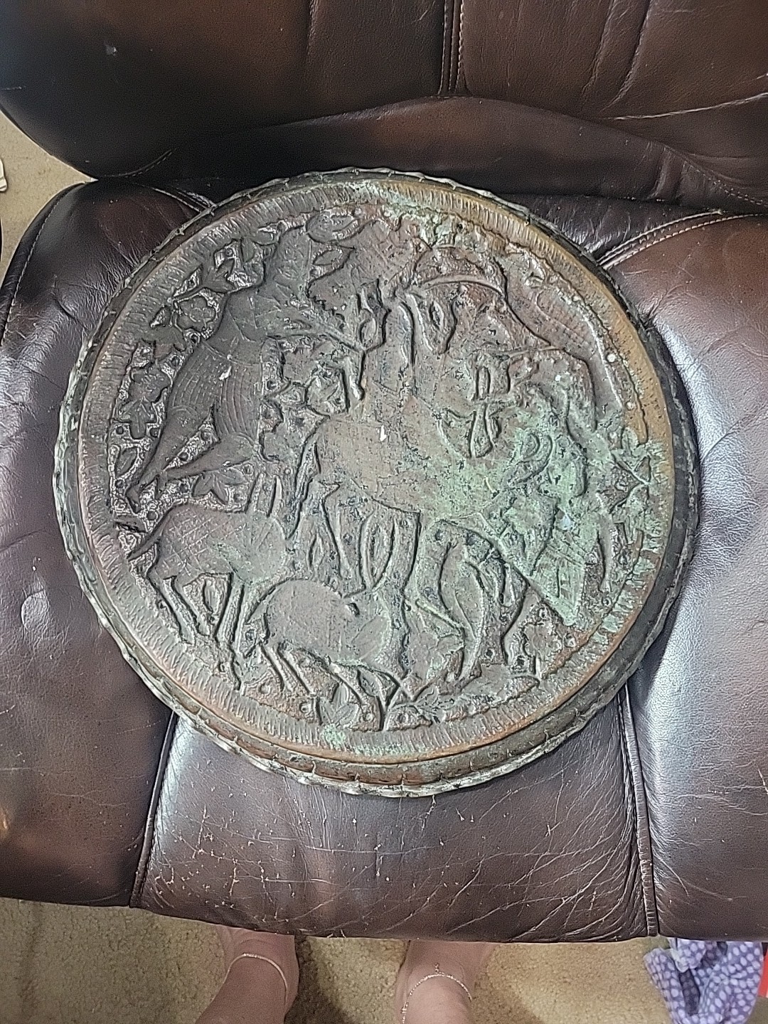 Antique Middle Eastern Brass Hand Tooled India Tray 15.5″ Round Hunting Scene