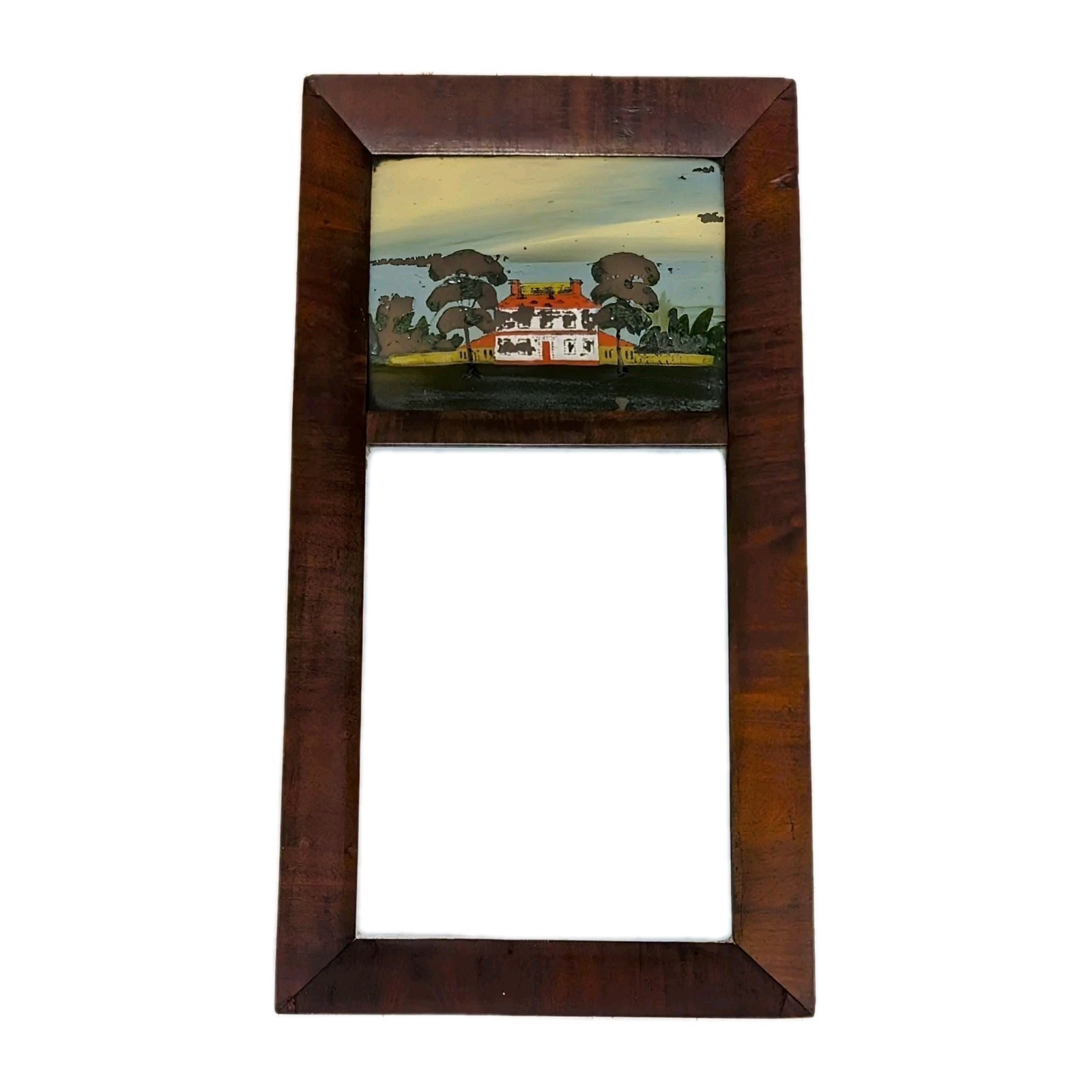 Antique c 1840 American Empire Reverse Painted Glass Mahogany Divided Mirror