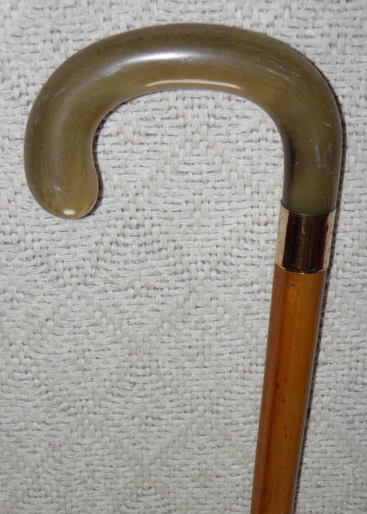 Antique Malacca Walking Stick / Cane Double Gold Collar Bovine Horn Crook Handle
