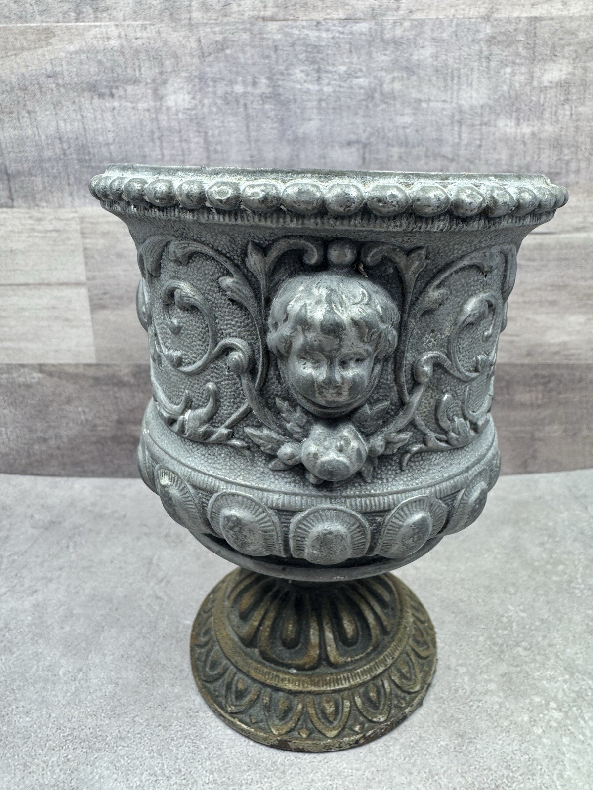Vintage Cast Metal With Brass Base Ornate Urn Planter 5”