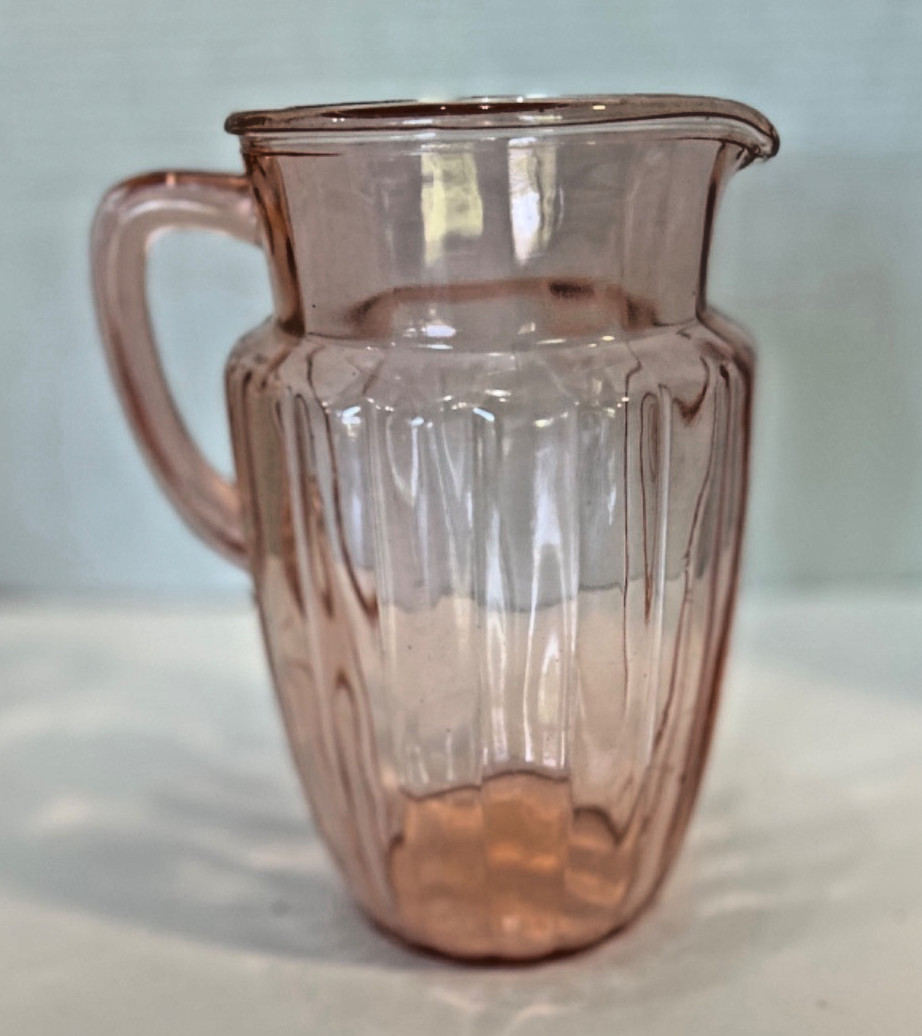 Vintage Anchor Hocking Pillar Optic Pink Serving Pitcher Glass -8.5 x 6 Inches