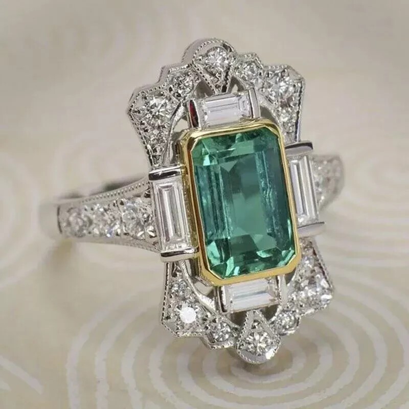 Art Deco Style 3.45Ct Lab-Created Emerald & Diamond Ring 14k White Gold Finish