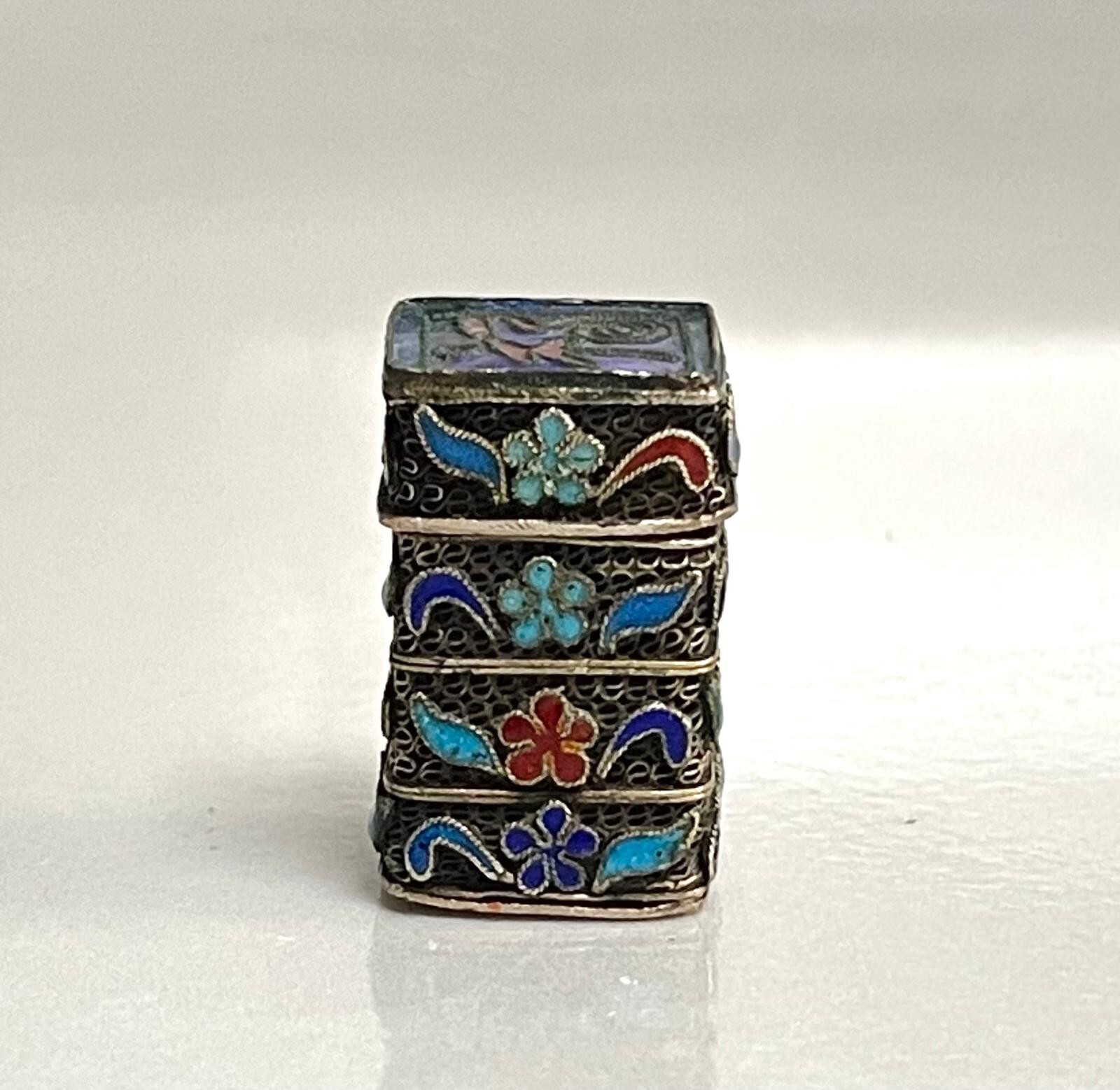 Vintage Chinese Silver Filagree Enamel Cloisonne Trinket Box Miniature