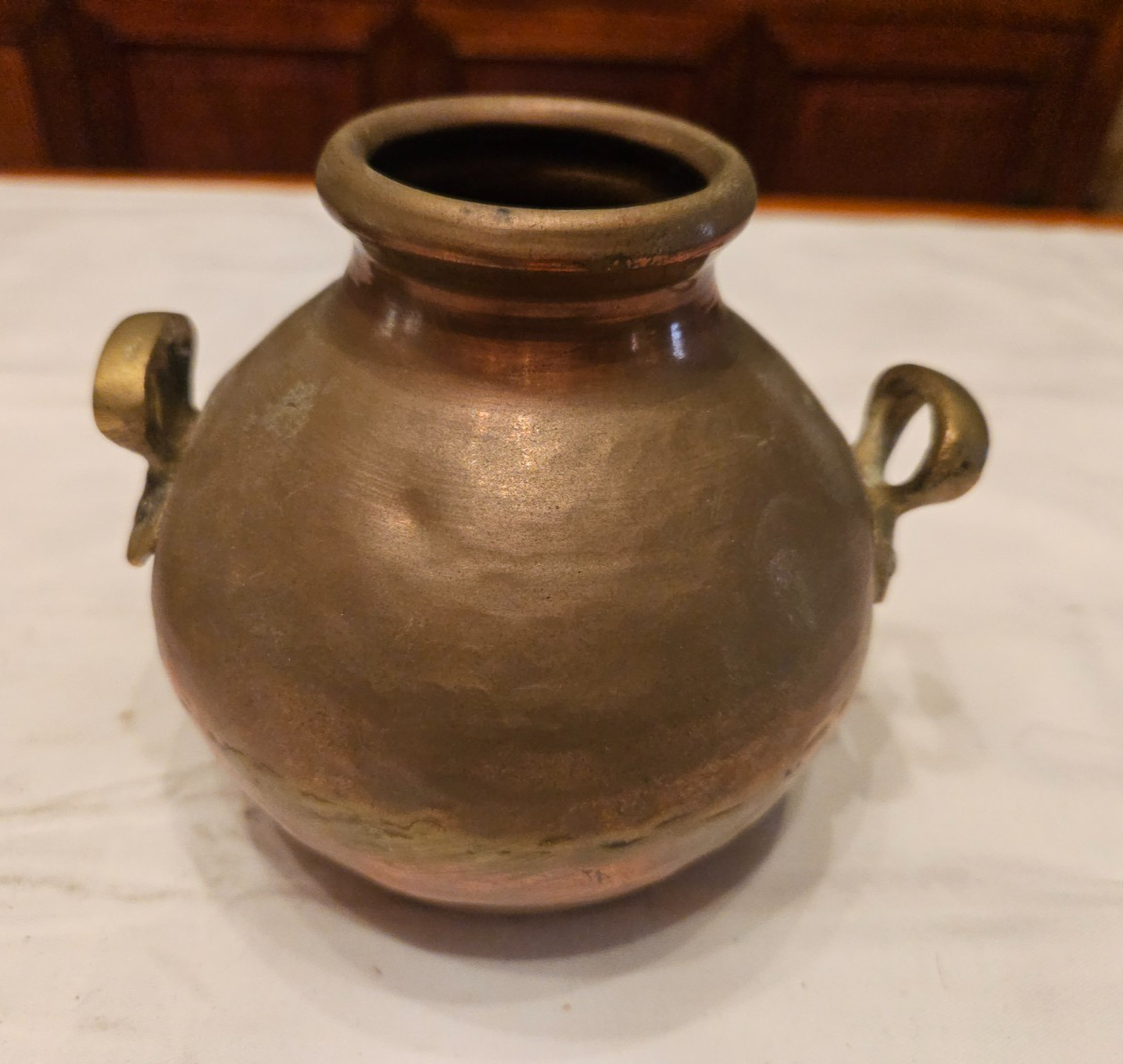 Antique Egyptian or Turkish Copper and Brass Bean Cooking Pot – 5″ Tall