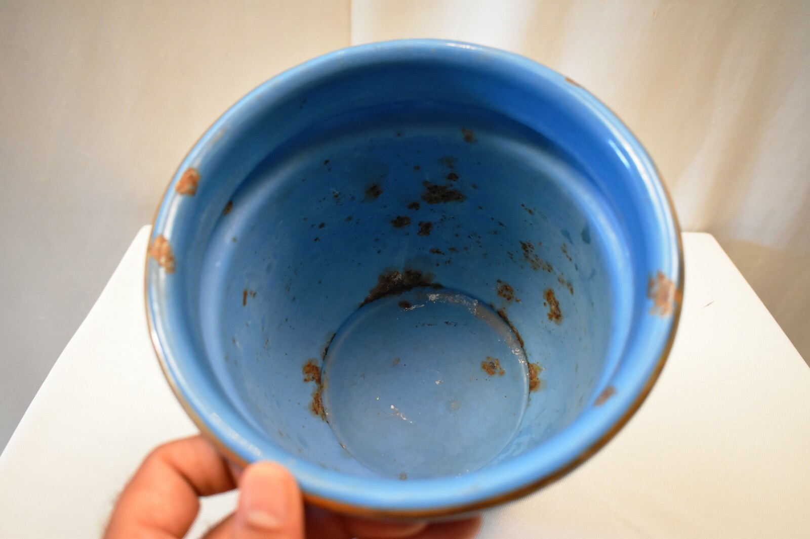 Vintage Czech Enamel Planter Sky Blue Gilt Floral Art Deco Metal Vase Decor “R4