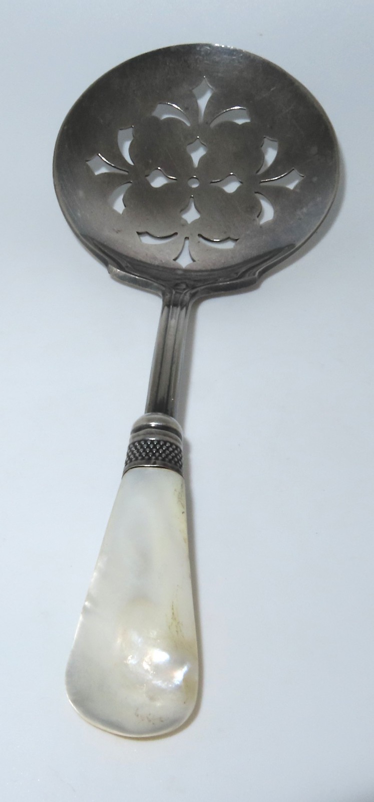 Antique Sterling & Mother of Pearl Slotted Server Spoon 7.25″ Pierced Bowl