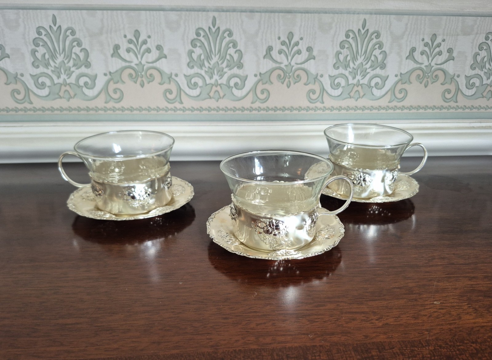 3 x Vintage BMF Quist W-Germany Silver Plated Glass Tea Cup Saucer Set VGC