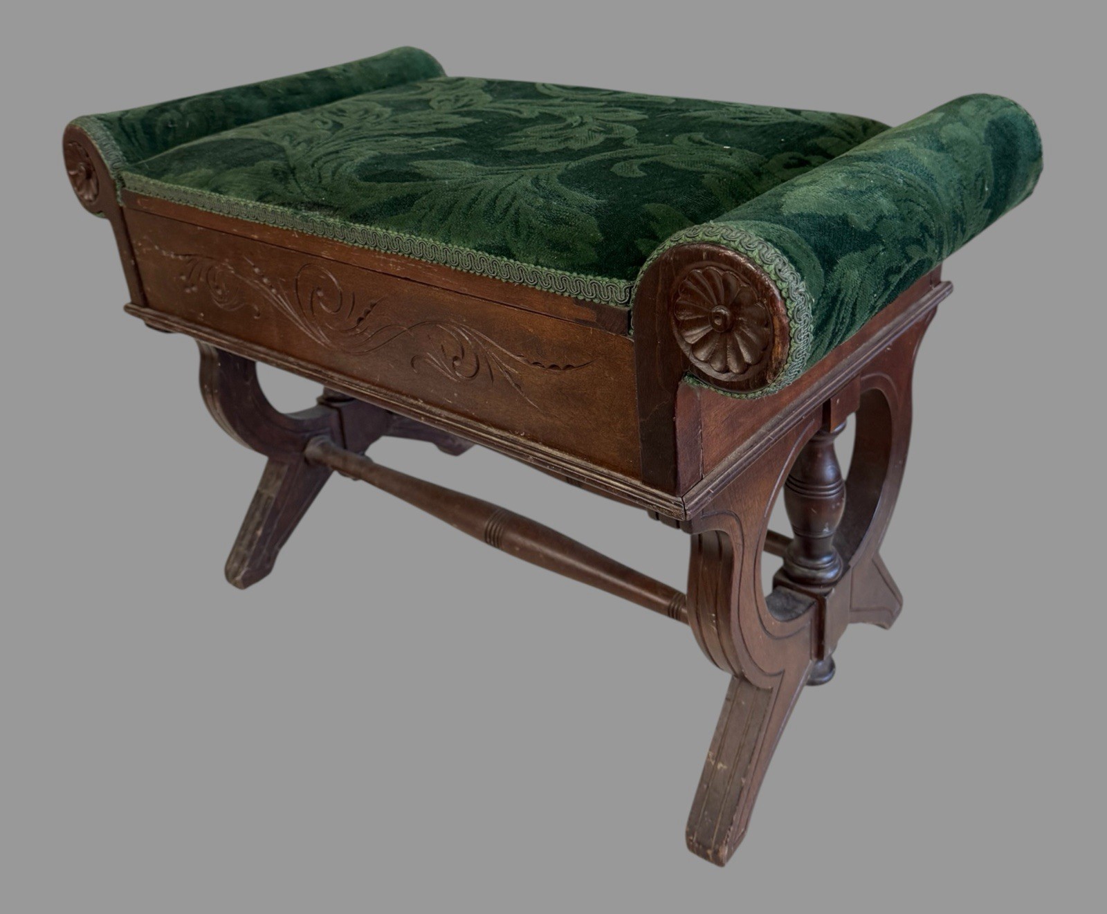 Antique Victorian Walnut Upholstered Vanity Footstool Bench Lift Seat Seat