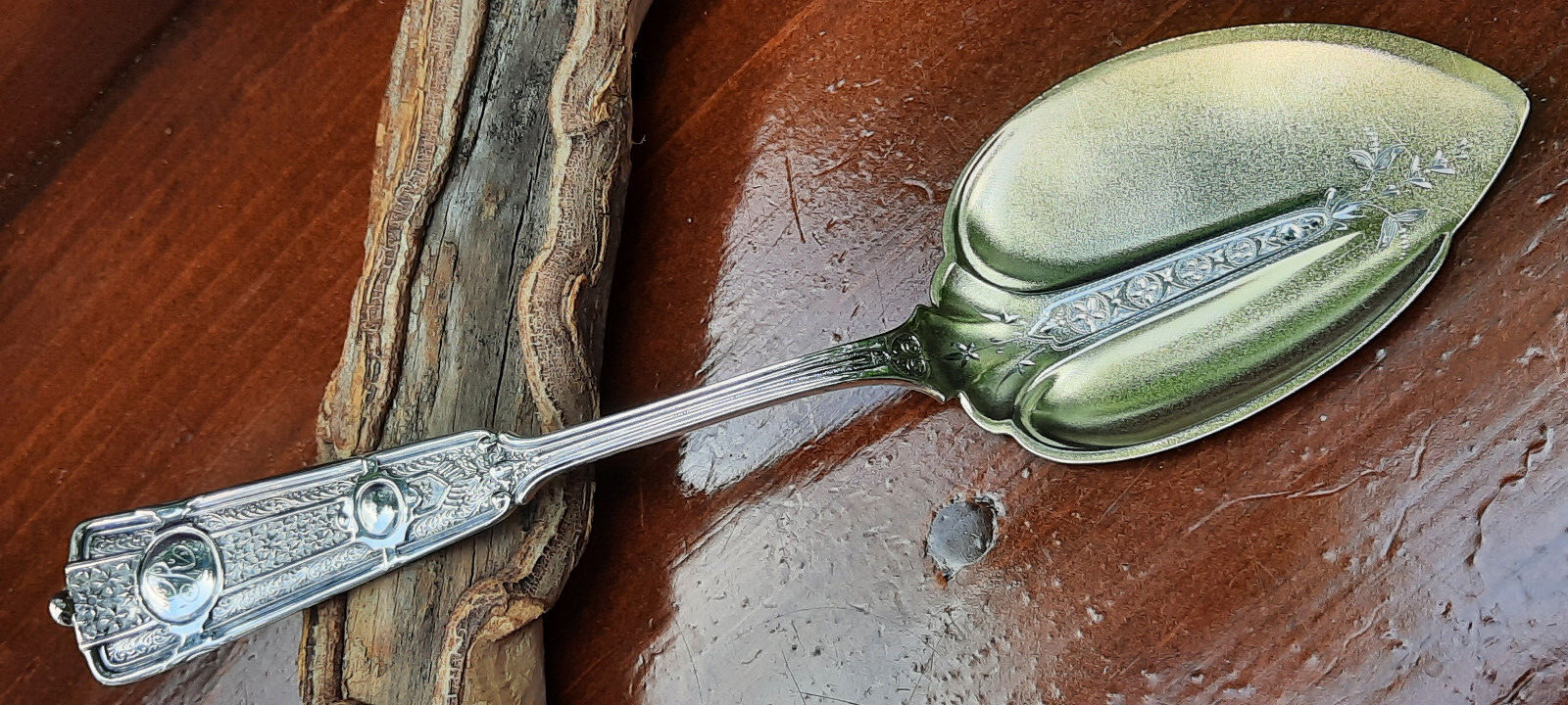 Sterling Silver Wendt Ribbon Pattern Jam or Pudding Spoon w Goldwashed Blade