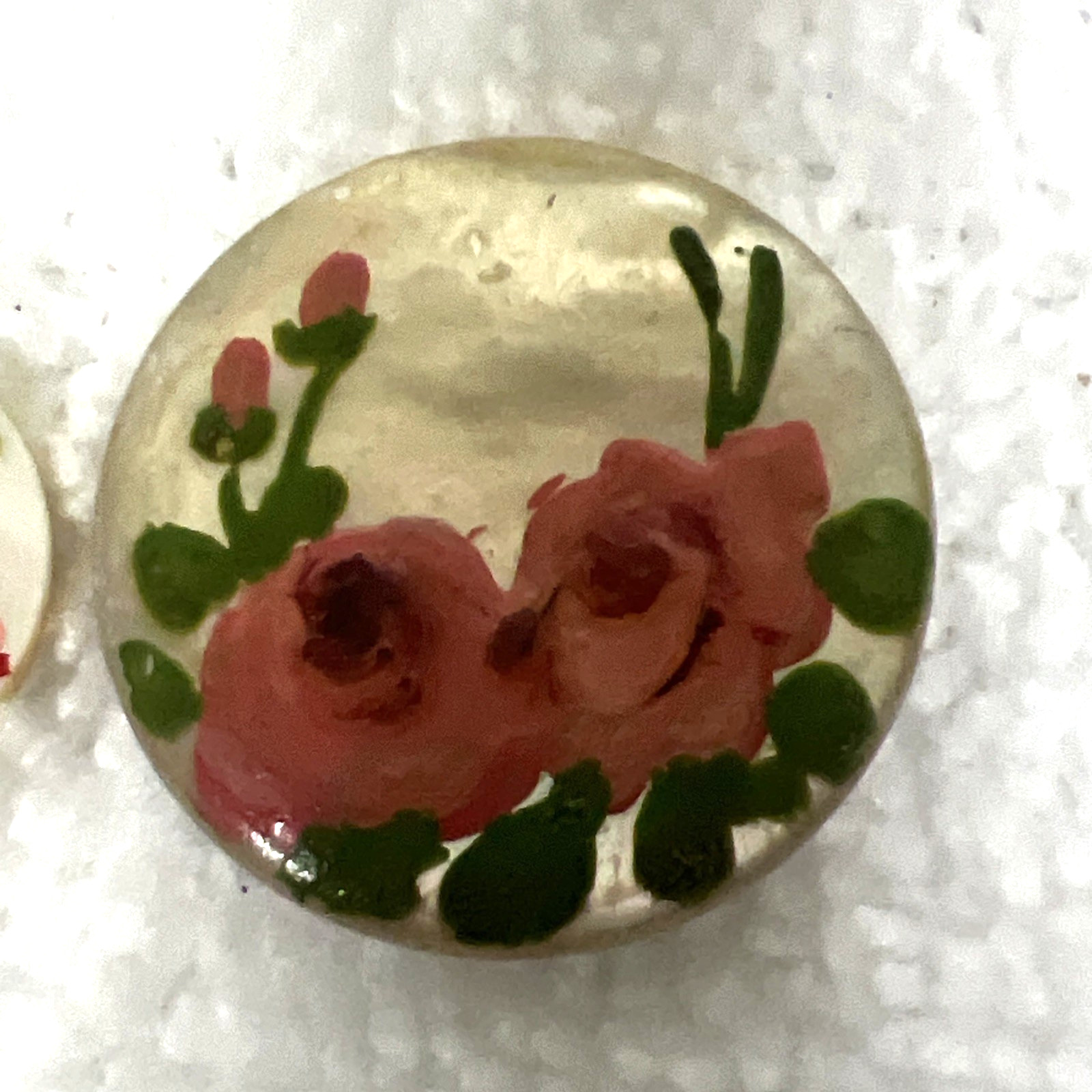 Vintage Hand Painted Flowers Mother of Pearl Button Ribbon Slide