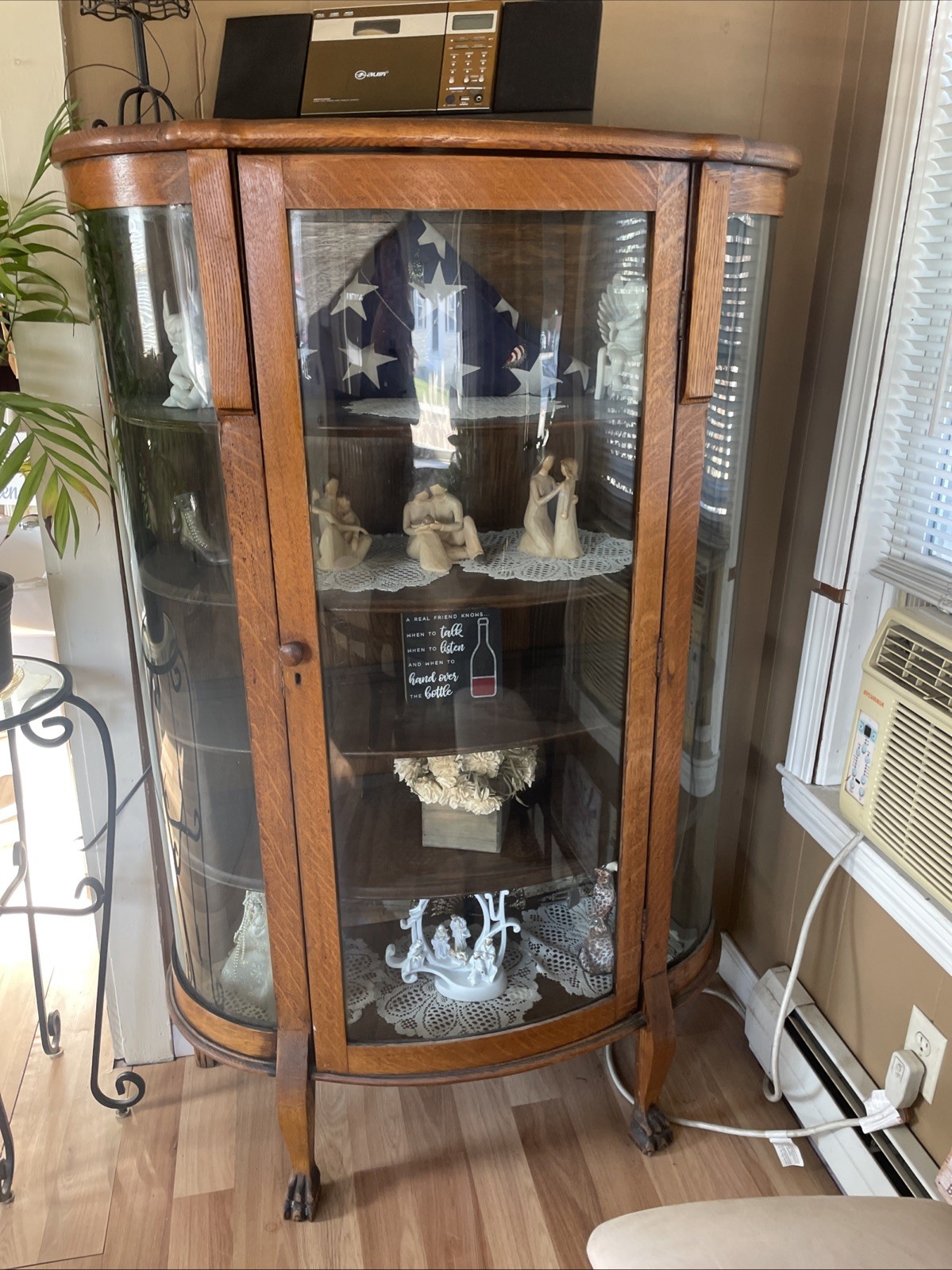 Antique Tiger Oak Curved Glass Cabinet