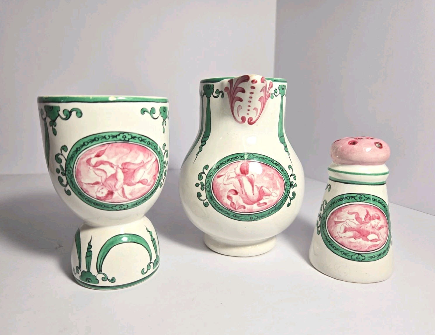 Sceaux French Faience Pottery Small Pitcher Egg Cup & Shaker Putti and Drapes
