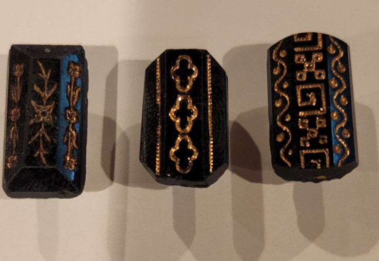 3 Antique Vintage Victorian Black Glass Designer Buttons Gold Luster – 3/4 inch