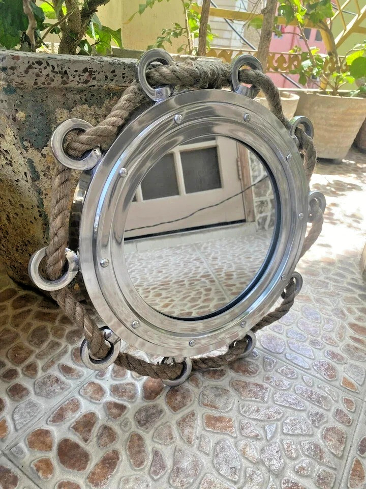 Maritime Porthole Mirror 15 Inch Aluminum Jute Rope Nautical Window Wall Decor