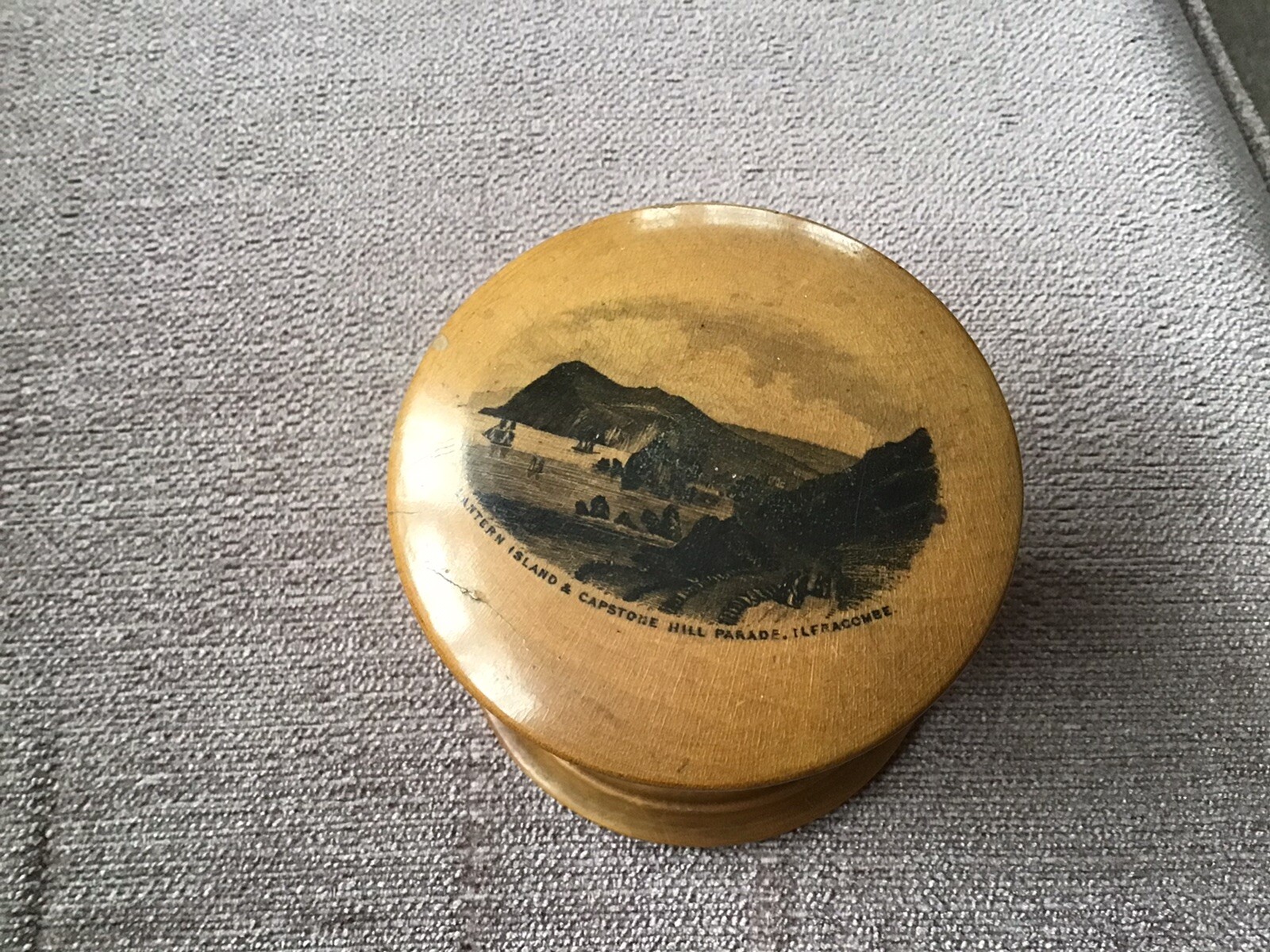 Mauchline Transfer Ware Cotton Reel Holder. ILFRACOMBE. Cylindrical.6×7.5cm.