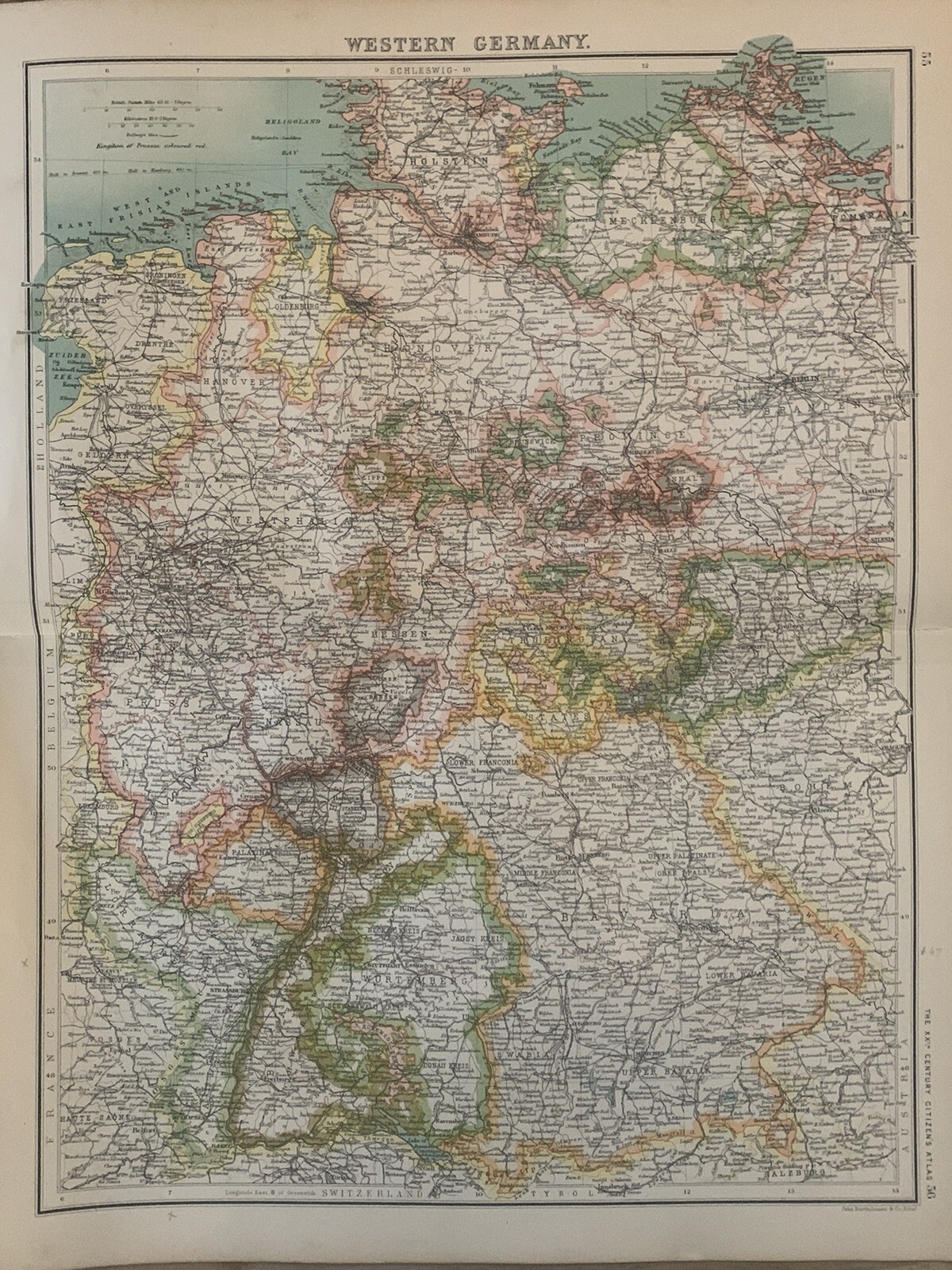 1902 Western Germany Original Antique Map By John Bartholomew