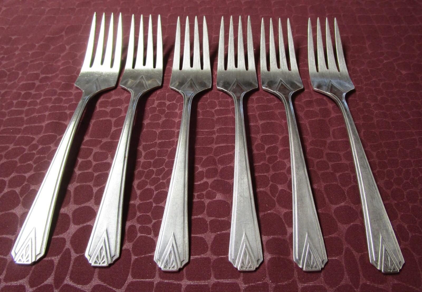 DEAUVILLE 6 Salad Forks 1929 Art Deco Silverplate A Monograms on Backs LU