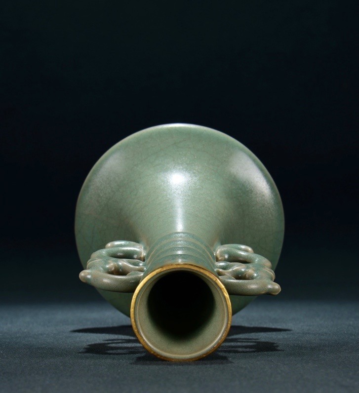 9″Old Song Dynasty Ru Kiln porcelain gilt dragon ear Zun Cup Bottle Pot Vase
