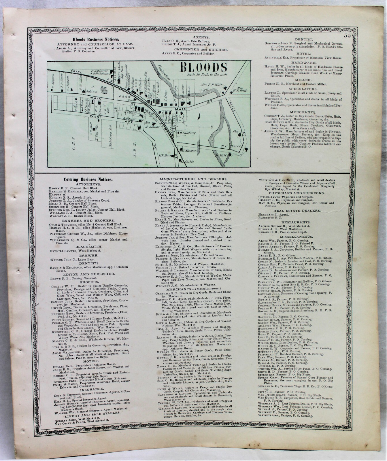 D.G. BEERS & COMPANY ATLAS STREET MAP VILLAGE OF BLOODS NEW YORK 1873 STEUBEN