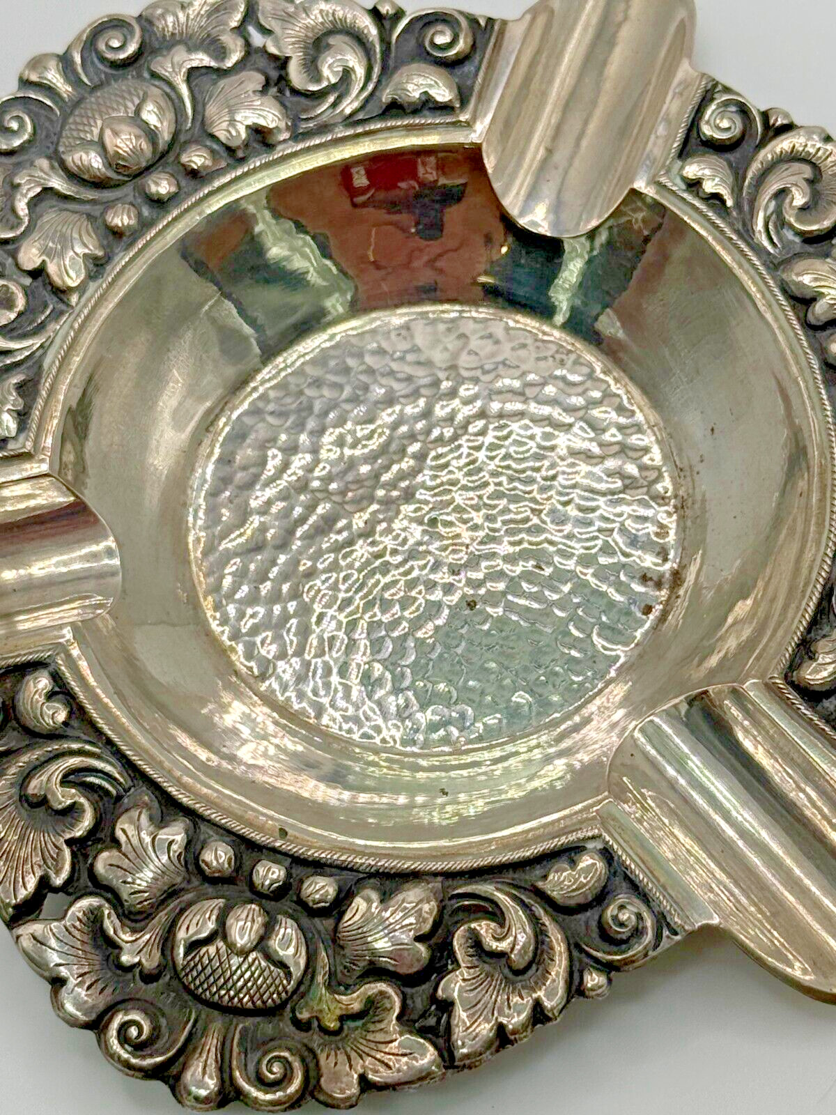 Vintage Indonesian Yogya 800 Silver Ashtray PWR Floral Repoussé Mid-Century