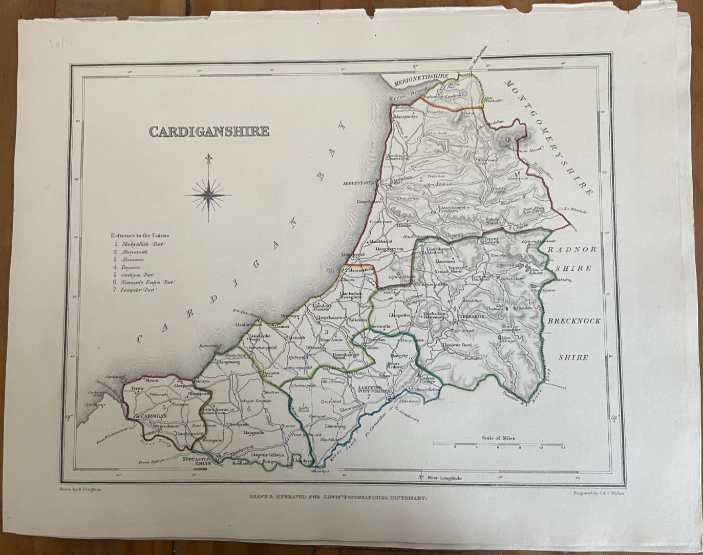 ANTIQUE COUNTY MAP OF CARDIGANSHIRE C1831 SAMUEL LEWIS ENG J&C WALKER/CREIGTON