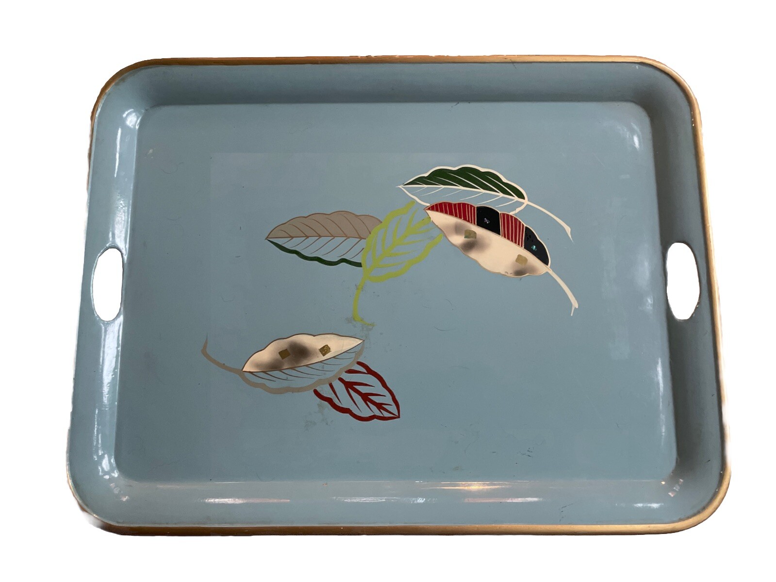 Vintage SS Japanese Hand-Painted Tea Service Tray Japan Leaves Leaf 20” X 15”