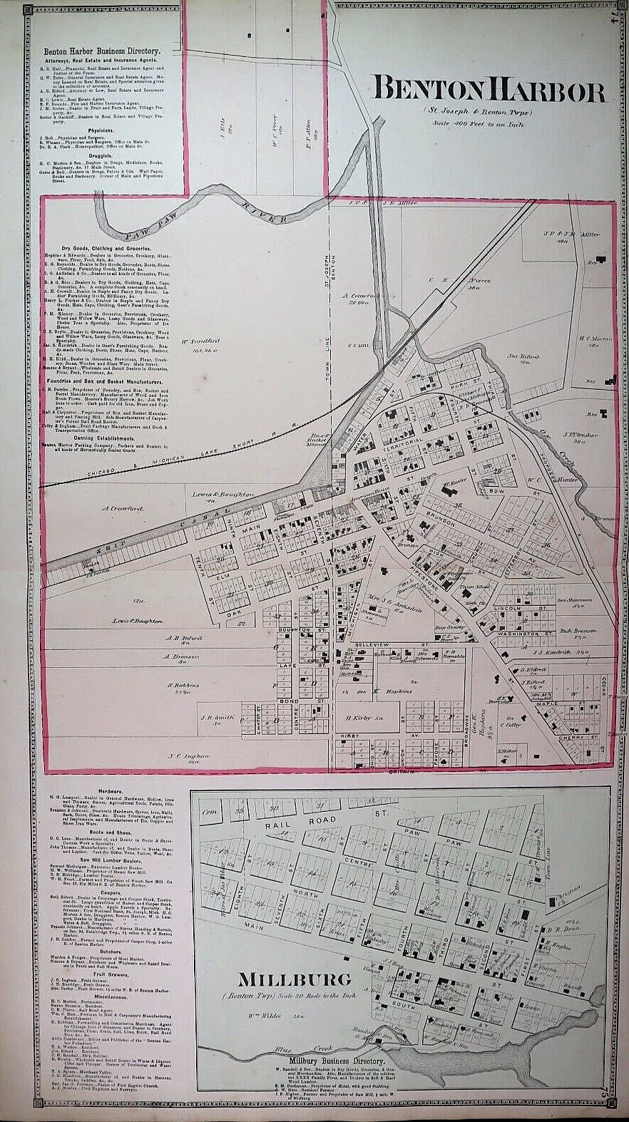 Old 1874 Plat Map ~ BERRIEN – DAYTON Twp., BERRIEN Co., MICHIGAN (XXL15x26)