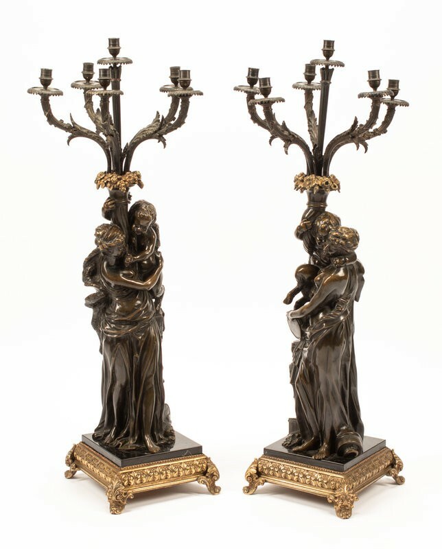 Pair Large Bronze Candelabra Lamps After Clodion — 44 inches