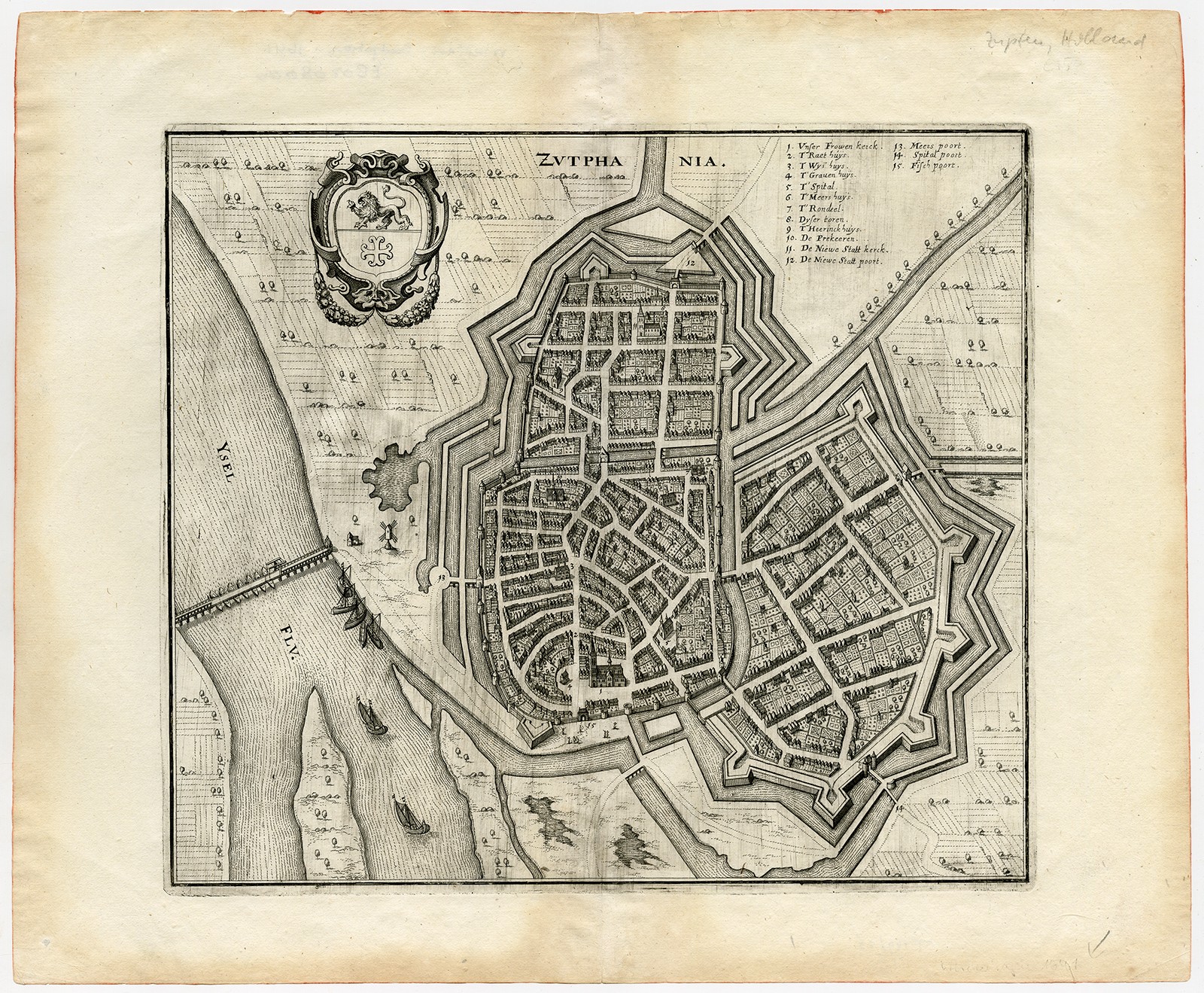 Antique Map-TOPOGRAPHY-ZUTPHEN-NETHERLANDS-Merian-ca. 1654