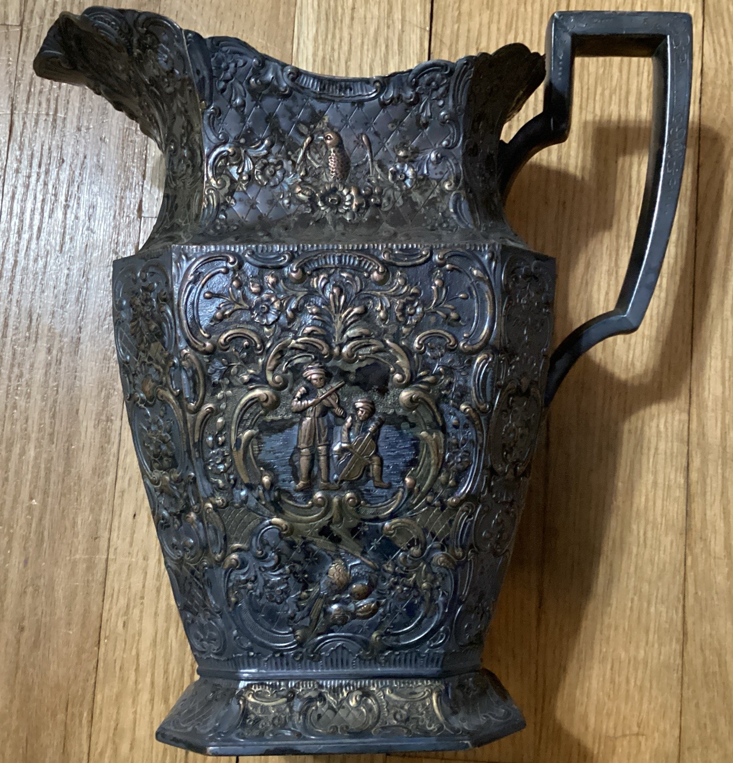 Antique E.G. Webster & Son Repoussé Silver Plate Water Pitcher (hammered metal)