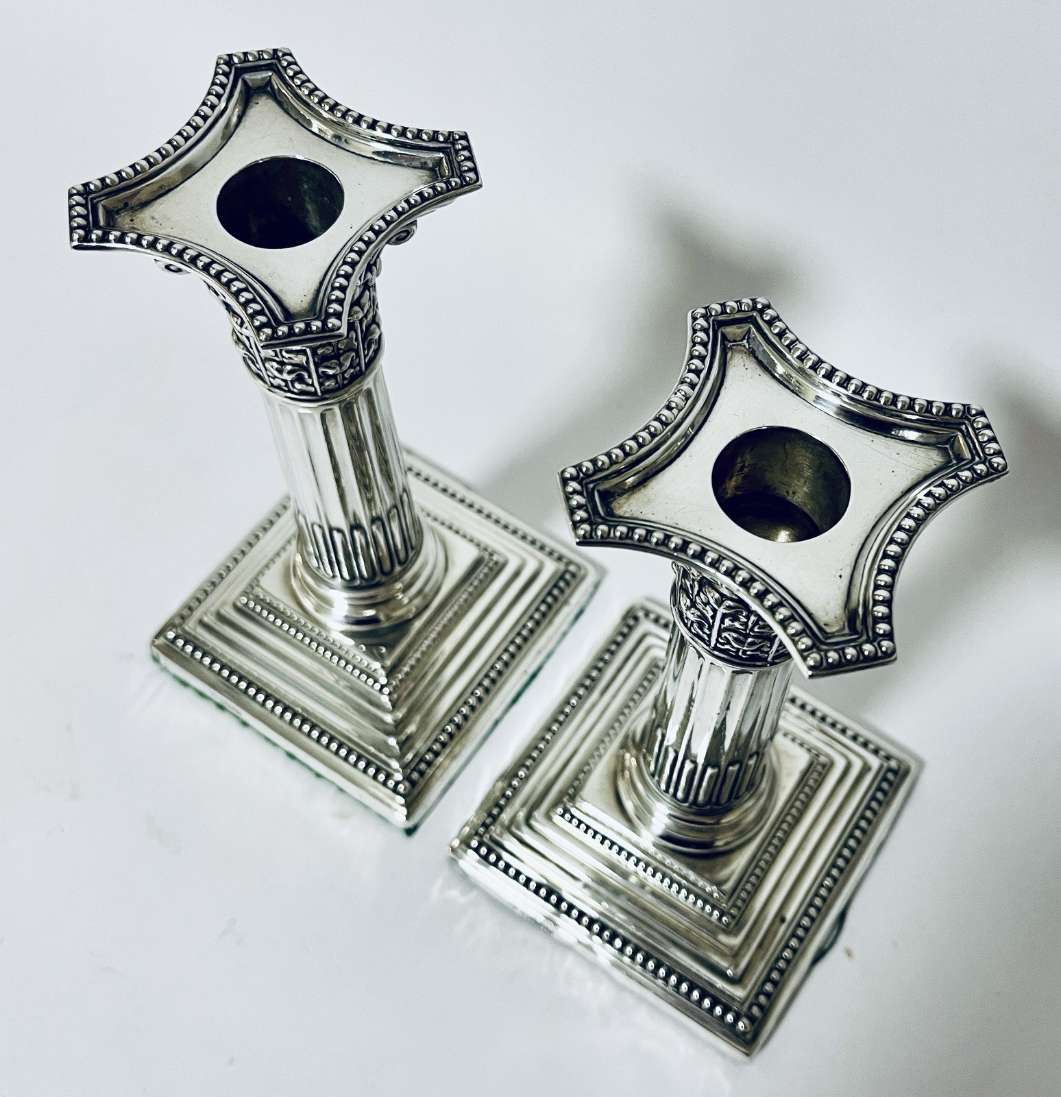 Antique Solid Sterling Silver Corinthian Column Candlesticks 1919