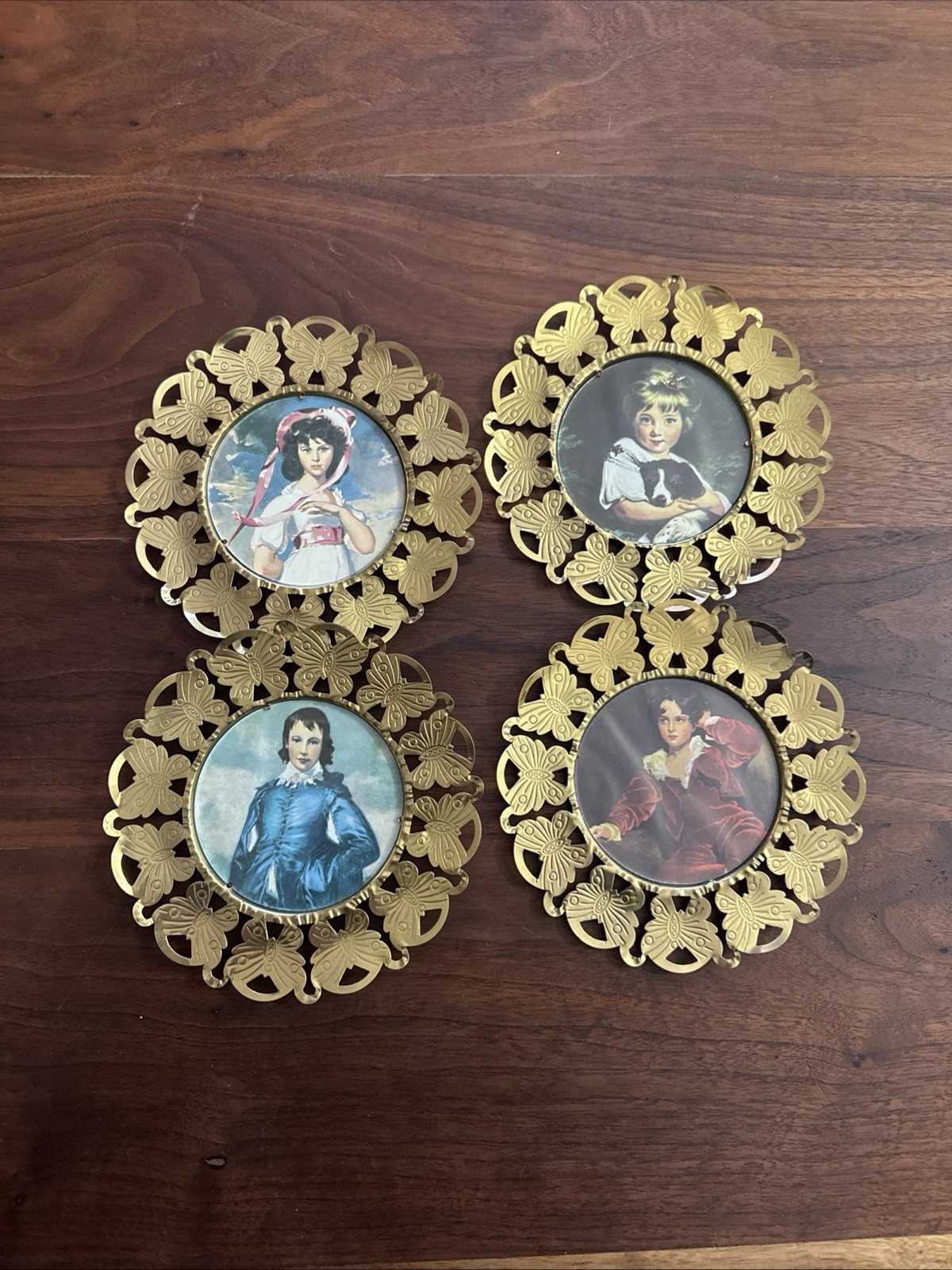 4 Vintage Round Brass Butterfly Frames Blue Boy Pink Girl Another Boy and Girl