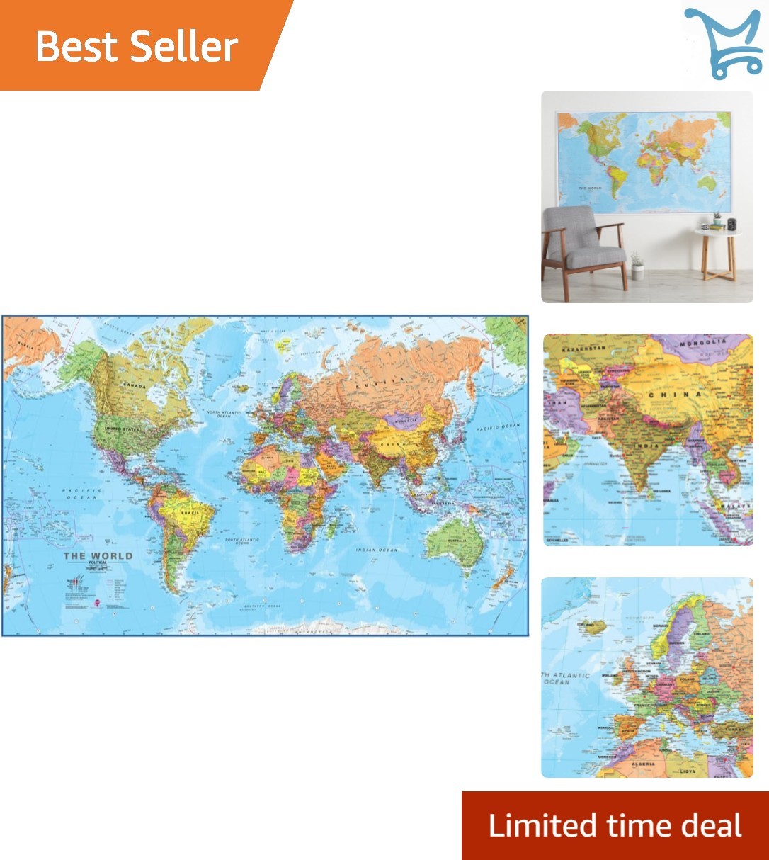 Giant Laminated World Map 46×80 Political Cartography Writable Classroom