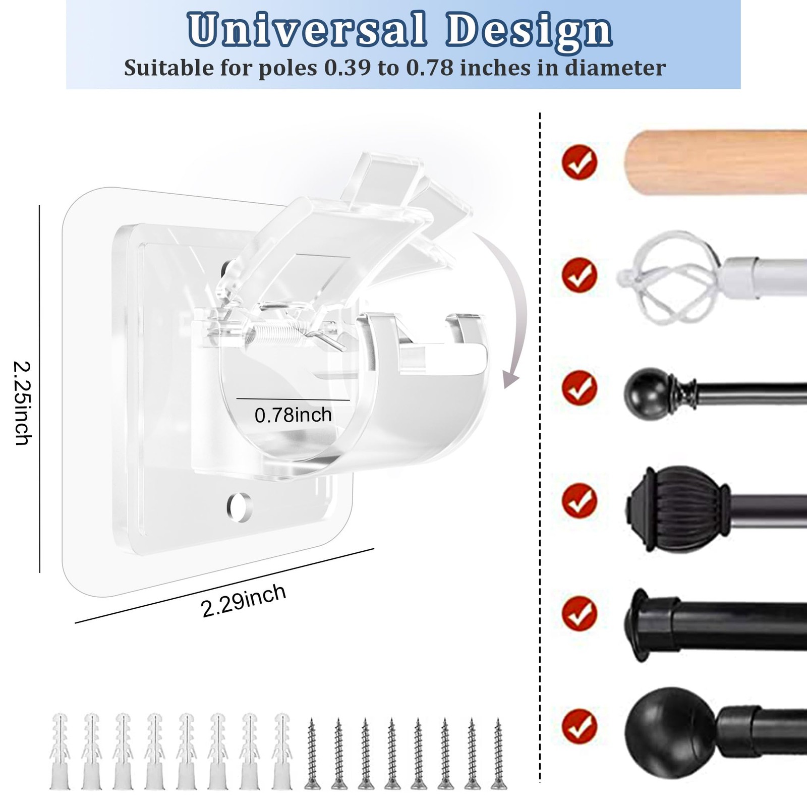 Codoule Self Adhesive No Drill Adjustable Curtain Rod Holder 8 Tramsparent