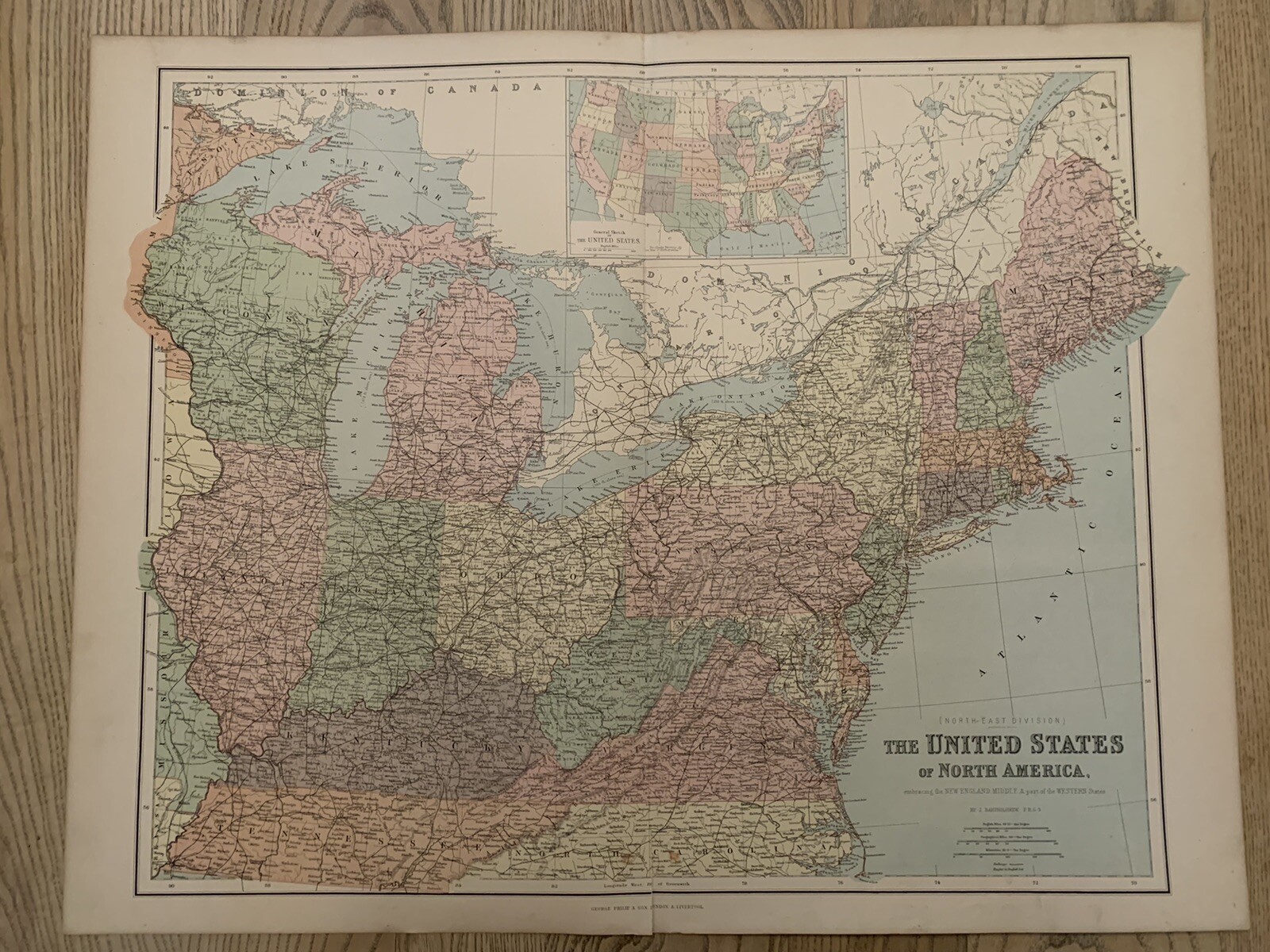 1883 NORTHEASTERN UNITED STATES LARGE MAP BY GEORGE PHILIP 69 cm x 54 cm