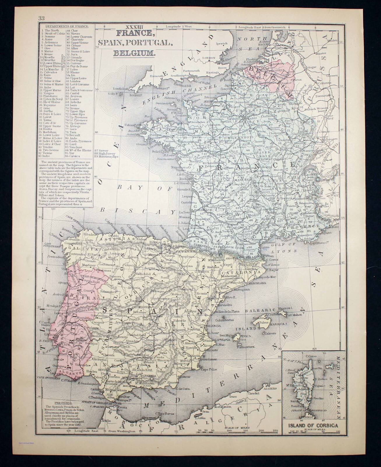 Antique Map 1865 Spain France Portugal German Empire Holland Belgium Prussia