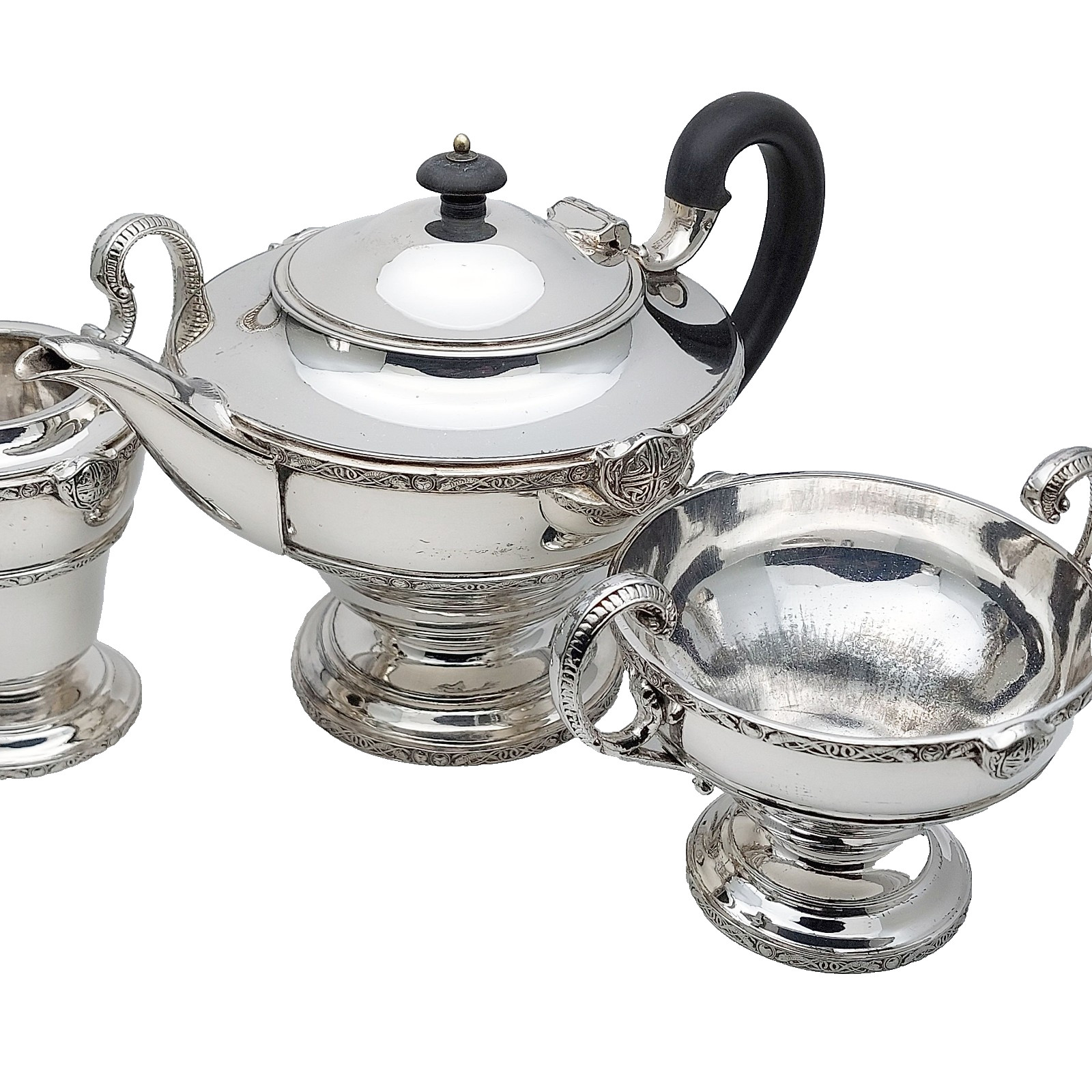 Celtic Lindisfarne Pattern Silver Plated 3 Piece Tea Service Set Atkin Bros