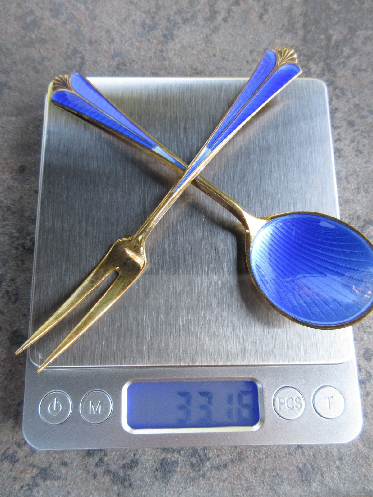 Rare Original Box David Andersen Blue Enamel Gold Gilt Spoon Fork Vintage