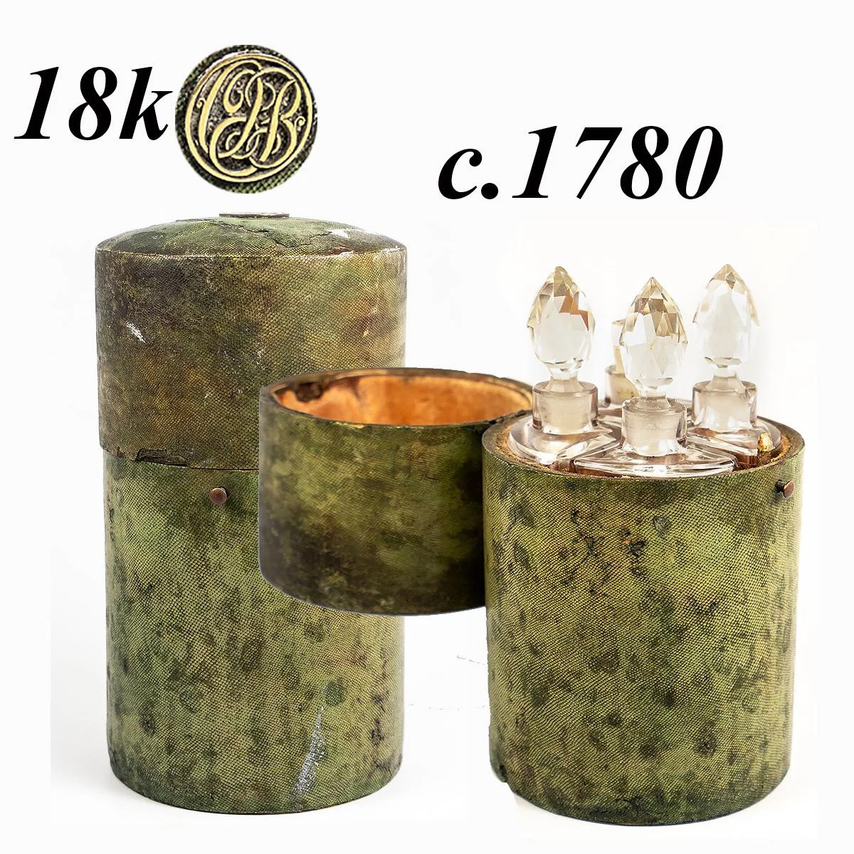 Antique c.1780-1810 Shagreen 6″ Scent Caddy, 4 Perfume Bottles, Flasks, 18k Gold
