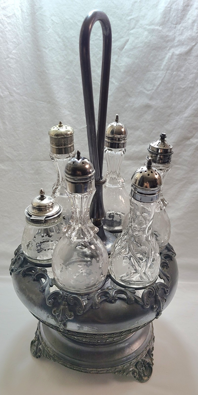 Antique Cruet Castor Set 6 Bottles / Inserts Glow Under Black Light Silverplate