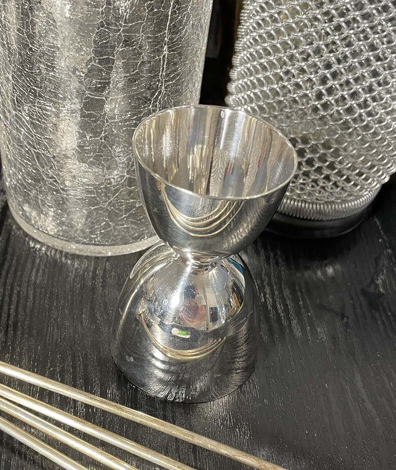 SUPERB ROARING 20’S ART DECO ENGLISH SILVER STYLE FANCY BAR BELL FORM JIGGER