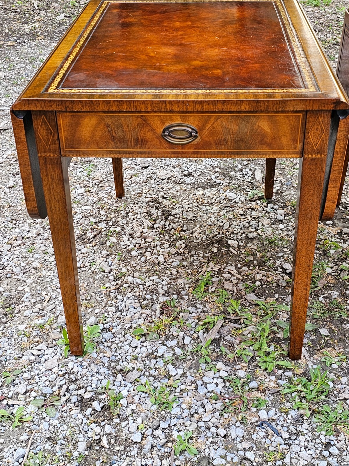 Antique Pembroke Double drop leaf leather top end table Pair by Weiman