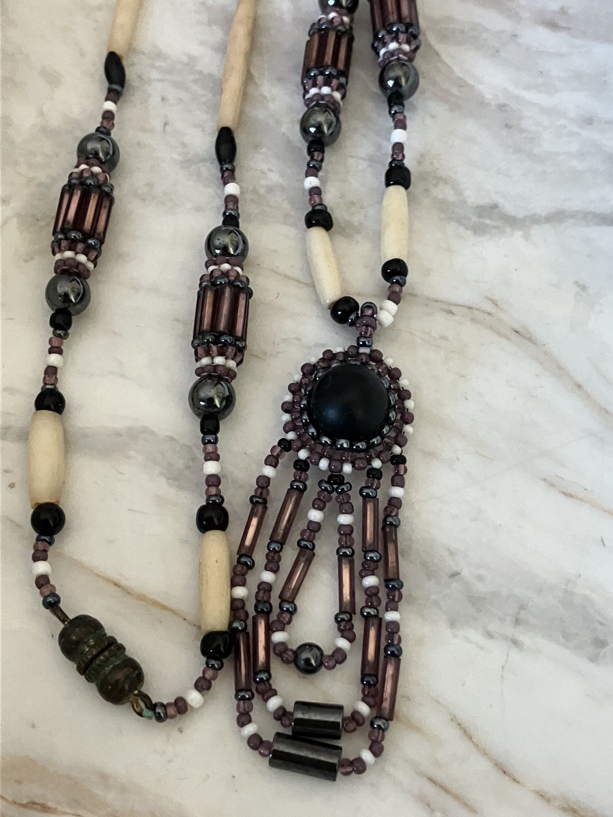 VINTAGE BEADED NECKLACE BLACK CENTER CABOCHON PENDANT PURPLE TUBE , SEED BEADS
